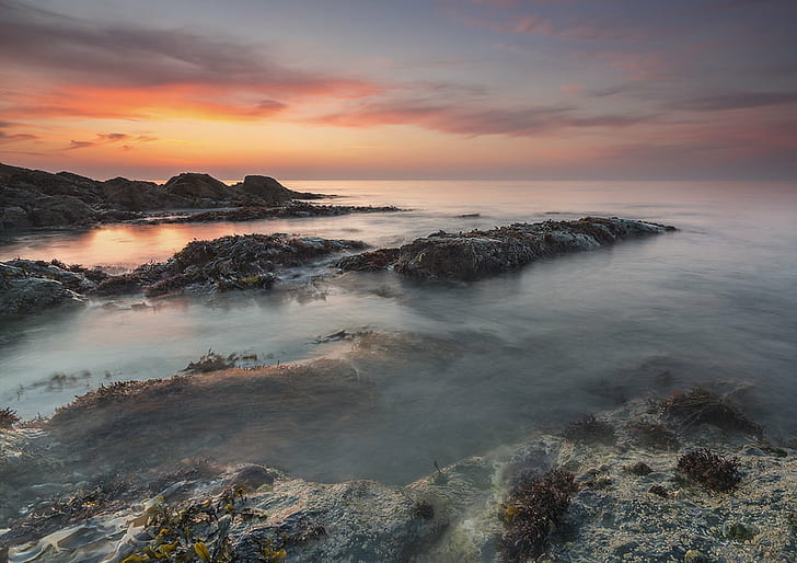 landscape photo of  seashore with gray rocks with sunset as a background, Shoreline, Sunset, Porth, Llyn Peninsula, landscape, photo, seashore, gray rocks, background, seascape, waves, sea  water, seaweed, rocks, beach, coastal, wales coast path, tudweiliog, long exposure, cloudscape, cloud, north wales, sea, nature, coastline, rock - Object, dusk, wave, scenics, water, HD wallpaper