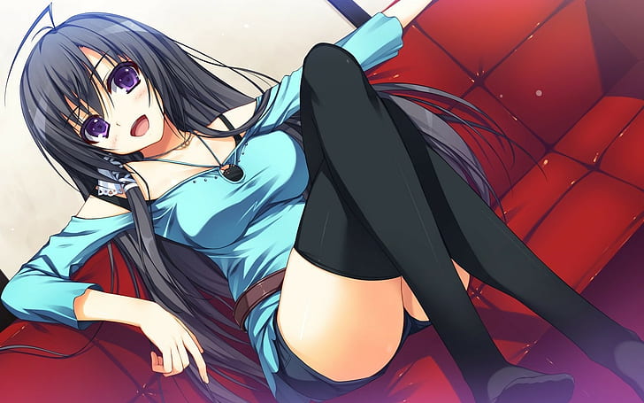 legs anime thigh highs purple eyes black hair reminiscence mizuno rin visual novel, HD wallpaper