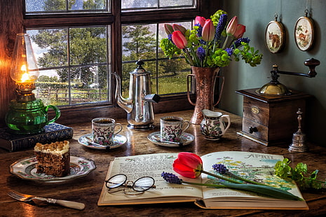 flores, estilo, livros, lâmpada, café, buquê, janela, óculos, tulipas, ficha, ainda vida, bolo, Muscari, moedor de café, bule de café, HD papel de parede HD wallpaper