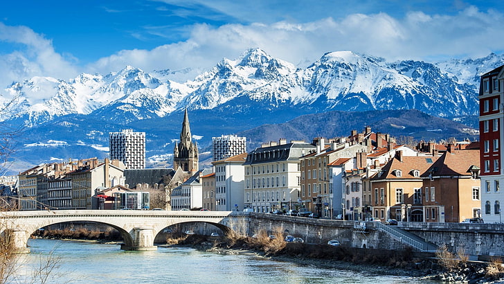 photography of arch bridge and buildings during daytime, architecture, building, cityscape, trees, house, Grenoble, France, mountains, Alps, river, bridge, church, snowy peak, clouds, hills, HD wallpaper