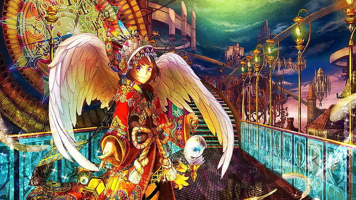 anime, anime girls, wings, original characters, HD wallpaper