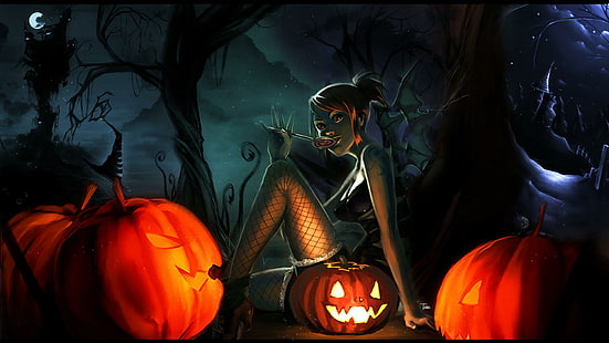 Анимирани Честит Хелоуин, женски аниме графики, анимирани, HD тапет HD wallpaper