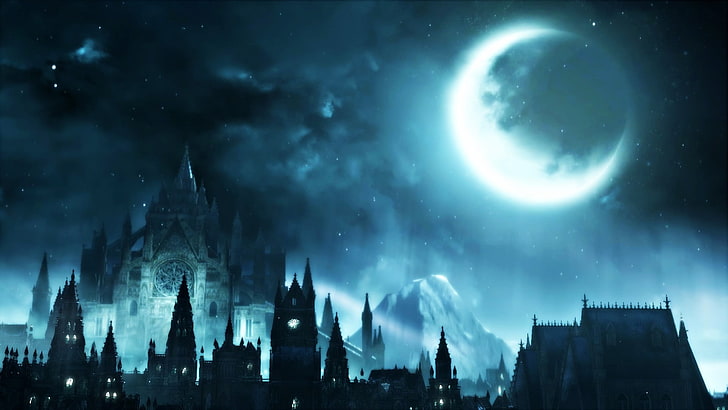 slott och måne, Dark Souls III, videospel, Måne, mörk, slott, HD tapet