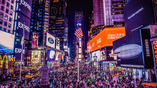 뉴욕시, 미국, 거리, 군중, 대도시, 밤, 도시 풍경, 도시의 불빛, HD 배경 화면 HD wallpaper