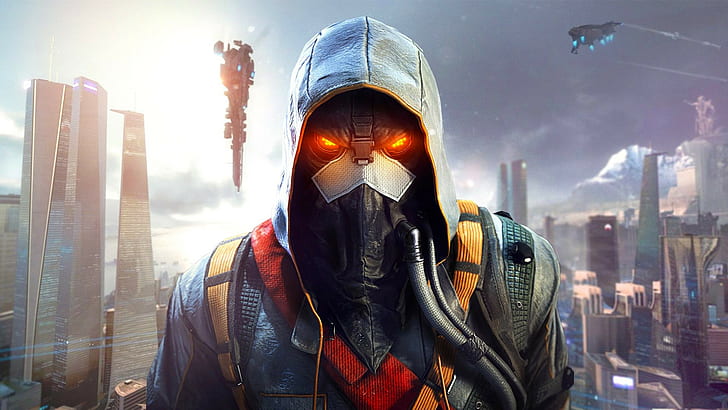 Killzone: Shadow Fall, Killzone: Shadow Fall, Killzone: Caught in the dusk, Helghast, soldiers, city, metropolis, home, sky, hood, mask, hose, Guerrilla Games, Sony Computer Entertainment, HD wallpaper