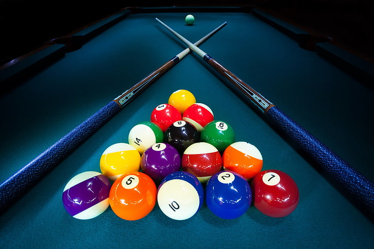 two blue cue sticks, billiard, balls, cue, table, HD wallpaper