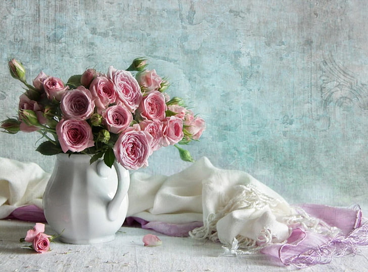 pink rose flower and white ceramic vase, roses, flowers, bouquets, pot, scarf, petal, HD wallpaper