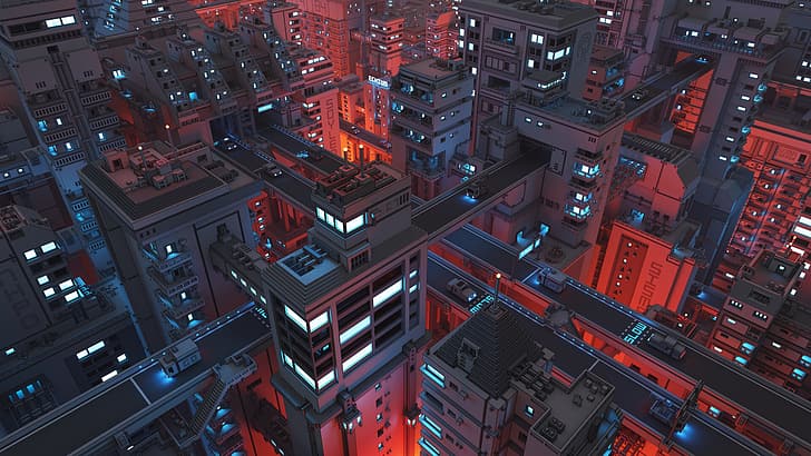 cidade, voxels, cyberpunk, futurista, neon, paisagem urbana, HD papel de parede