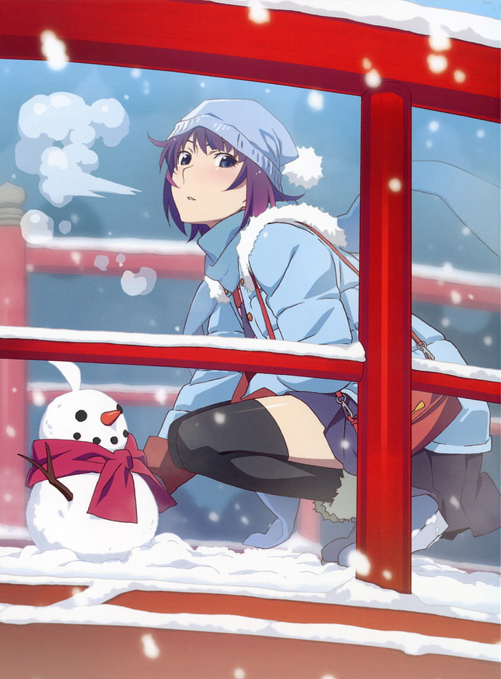 purple haired female anime character illustration, Senjougahara Hitagi, Monogatari Series, thigh-highs, anime girls, anime, snowmen, HD wallpaper
