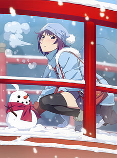 Illustrazione di carattere anime femminile dai capelli viola, Senjougahara Hitagi, serie Monogatari, calze, anime girls, anime, pupazzi di neve, Sfondo HD HD wallpaper
