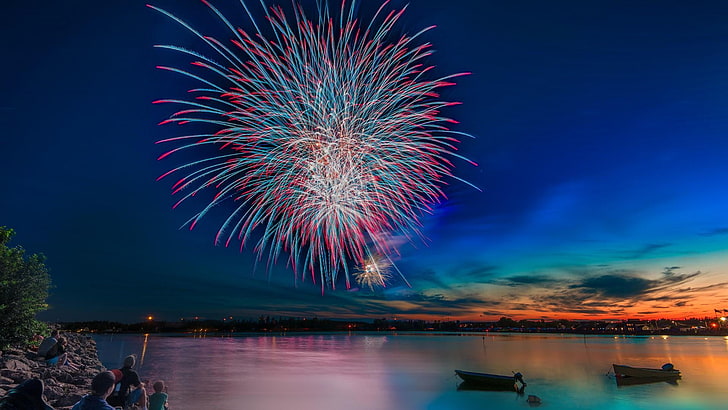 fireworks, water, night, night sky, celebration, seascape, reflection, sky, event, public event, festival, HD wallpaper