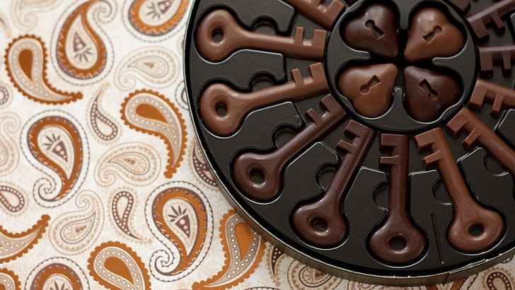 Шоколадный ключ, еда, шоколад, День святого Валентина, Пейсли, коричневый, крупным планом, HD обои