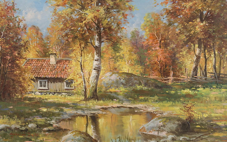 Autumn landscape, Swedish artist, Swedish painter, Anshelm Dahl, Angel Dal, HD wallpaper