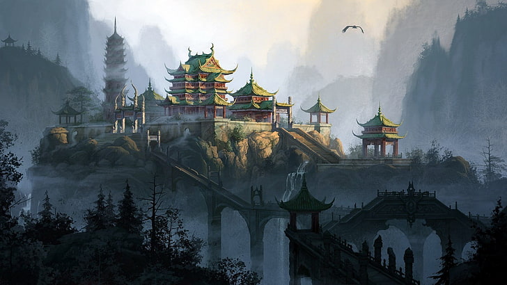castle illustration, animated photo of green buildings on cliff, landscape, Asian architecture, fantasy art, HD wallpaper