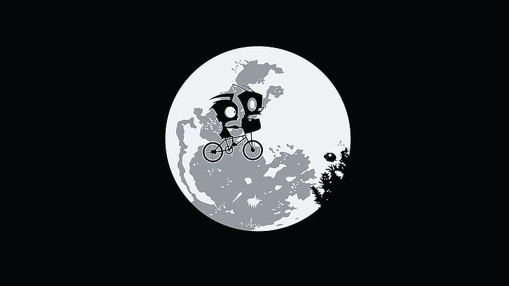 침략자 짐, 유머, 흑백, 달, 디지털 아트, 삽화, E.T., 자전거, HD 배경 화면