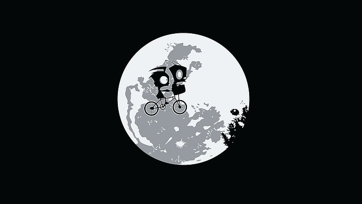 illustration de la lune, Invader Zim, lune, oeuvre d'art, humour, monochrome, art numérique, vélo, Fond d'écran HD