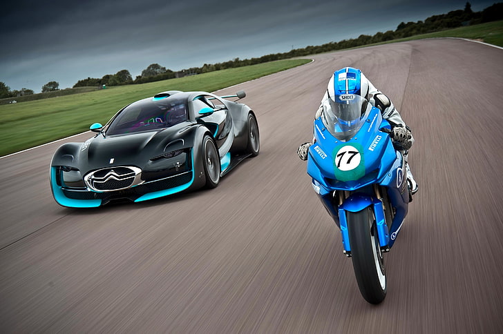 黒のスポーツ車と青のスポーツバイク、シトロエン、車、オートバイ、速度、survolt、agni、z2、 HDデスクトップの壁紙