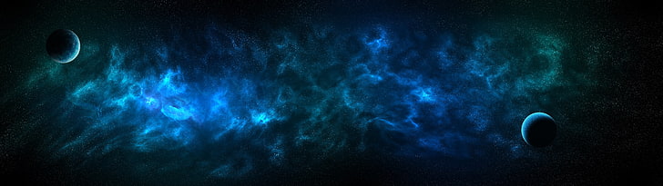 arte digital de dos planetas, espacio, azul, planeta, doble pantalla, nebulosa, estrellas, Fondo de pantalla HD