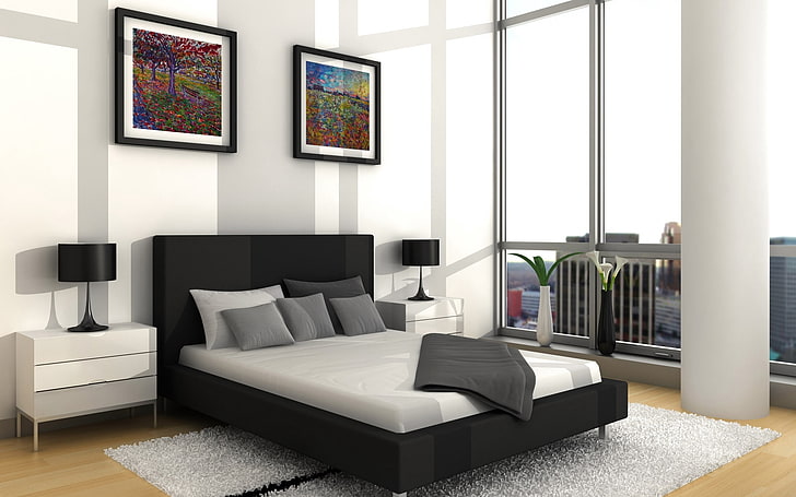 kasur abu-abu dan bingkai tempat tidur hitam, tempat tidur, lukisan, perabotan, interior, desain, Wallpaper HD