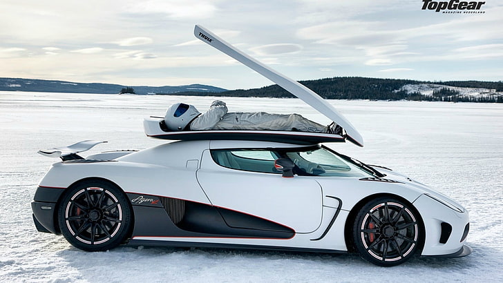 белое купе, Koenigsegg Agera, суперкары, Top Gear, Стиг, суперкар, снег, автомобиль, HD обои