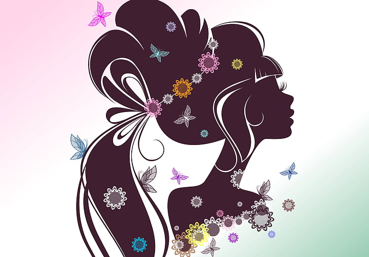 woman illustration, girl, butterfly, flowers, face, eyelashes, background, hair, silhouette, profile, HD wallpaper