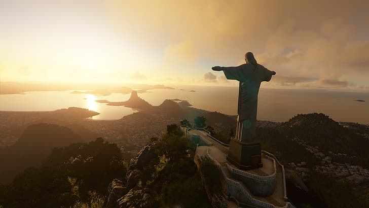 Rio de Janeiro, Cristo Redentor, Brasil, pôr do sol, nuvens, Microsoft Flight Simulator, Microsoft Flight Simulator 2020, HD papel de parede