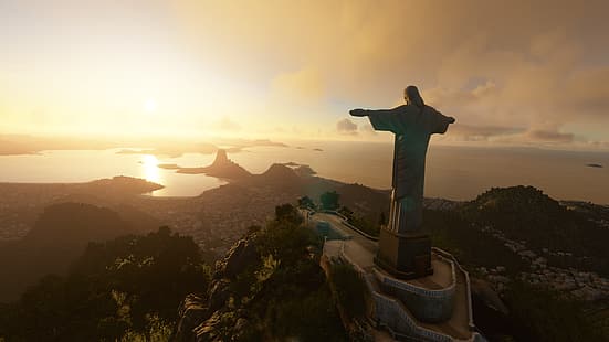 Rio de Janeiro, Kristus Penebus, Brasil, matahari terbenam, awan, Simulator Penerbangan Microsoft, Simulator Penerbangan Microsoft 2020, Wallpaper HD HD wallpaper