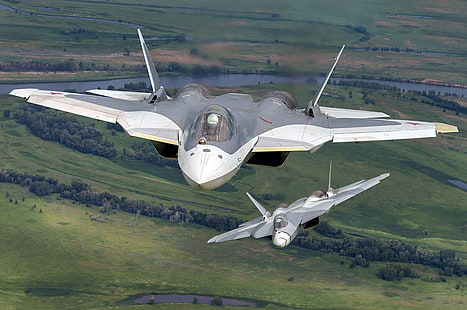 серые и белые боевые самолеты, Сухой Т-50, военный, военный самолет, СУ-57, HD обои HD wallpaper