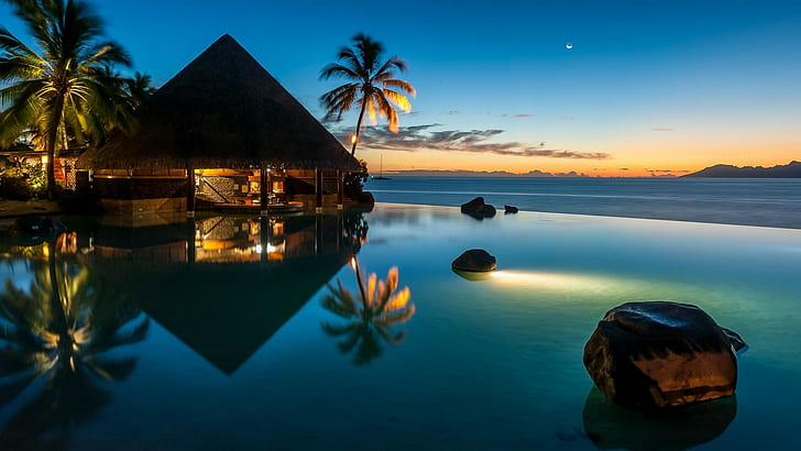 Луна, закат, курорт, пальмы, отражение, бар, синий, бассейн, Французская Полинезия, природа, море, огни, вода, пляж, пейзаж, HD обои