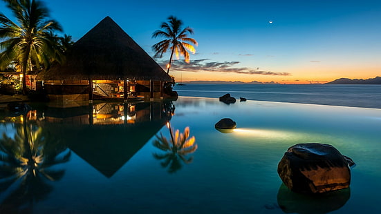 Lua, pôr do sol, recurso, palmeiras, reflexão, azul, piscina, Polinésia Francesa, natureza, mar, luzes, água, praia, paisagem, HD papel de parede HD wallpaper
