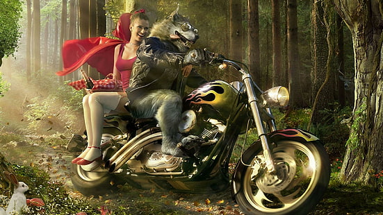 Modern Little Red Riding Hood and the wolf, werewolf riding cruiser motorcycle with a woman wallpaper, fantasy, 1920x1080, wolf, little red riding hood, HD wallpaper HD wallpaper