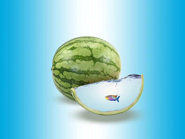 watermelon fruit, fish, water, watermelons, digital art, HD wallpaper