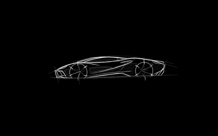 ilustração de supercarro branco, arte digital, minimalismo, fundo preto, carro esportivo, carro, desenho, esboços, moderno, branco, monocromático, HD papel de parede