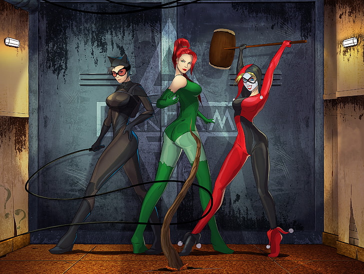 Poison Ivy, Harley Quinn, and Catwoman wallpaper, batman, dc comics, catwoman, poison ivy, harley quinn, Gotham City Sirens, HD wallpaper
