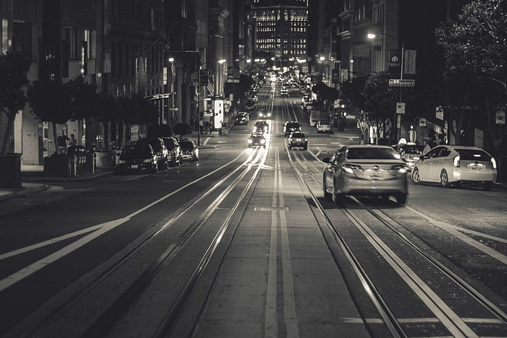 black and white, cars, city, dark, lights, night, san francisco, street, traffic, HD wallpaper