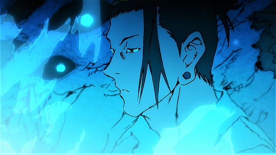 Jujutsu Kaisen, серьга, булочка, синее пламя, хмуриться, аниме, Скриншот аниме, аниме мальчики, HD обои HD wallpaper