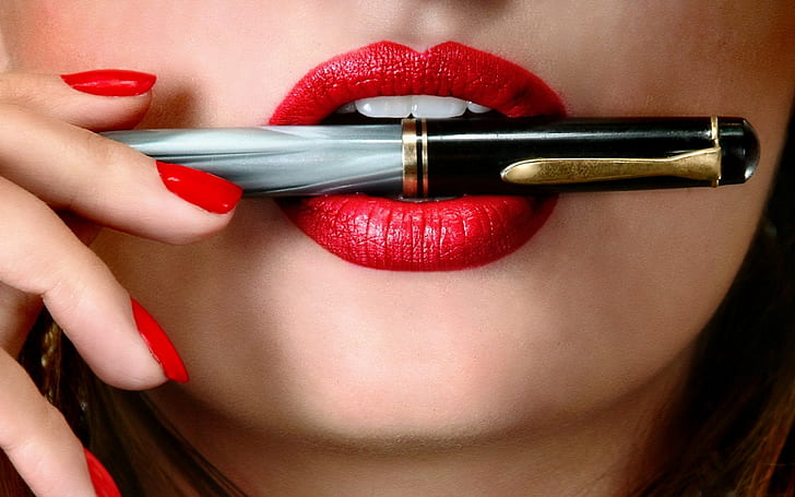 bolígrafos, labios, uñas pintadas, mujeres, cara, modelo, Fondo de pantalla HD