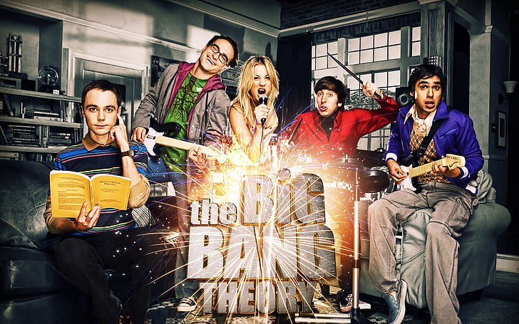 The Big Bang Theory cover, the big bang theory, main characters, actors, musical instruments, HD wallpaper