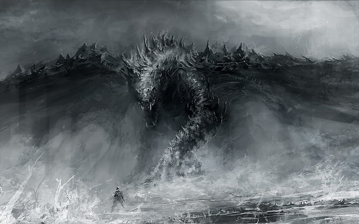 black and white dragons monsters fantasy art grayscale artwork drawings 1920x1200  Abstract Fantasy HD Art , black and white, dragons, HD wallpaper