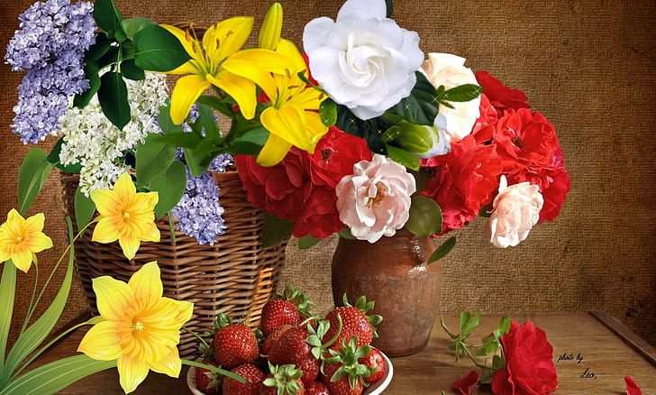 Bukiety Kwiatów Truskawki, wazony, truskawki, kwiaty, koszyczki, przyroda i krajobrazy, Tapety HD
