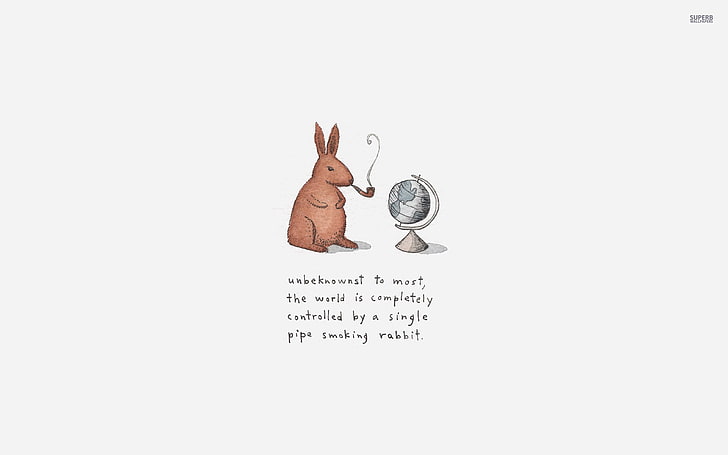 brun kanin framför skrivbordet världen illustration, rör, minimalism, humor, enkel bakgrund, kaniner, rökning, jordklot, HD tapet