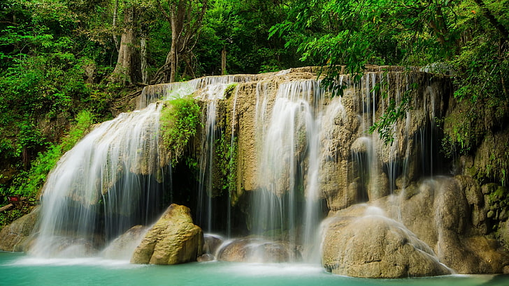 thailand, erawan national park, erawan falls, asia, national park, waterfall, body of water, forest, HD wallpaper