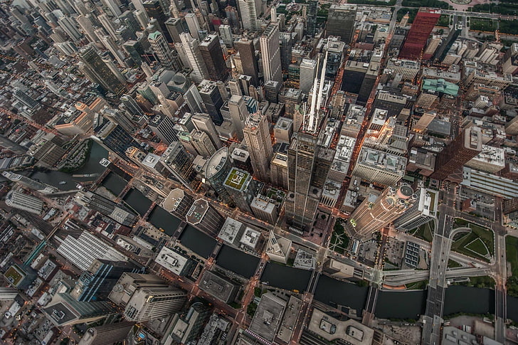 edifici in cemento, veduta aerea del paesaggio urbano, città, paesaggio urbano, Chicago, Stati Uniti d'America, grattacielo, vista a volo d'uccello, edificio, Sfondo HD
