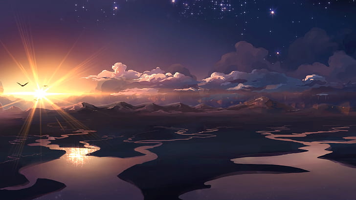 sky, nature, anime art, cloud, horizon, afterglow, artwork, fantasy landscape, sunlight, evening, HD wallpaper