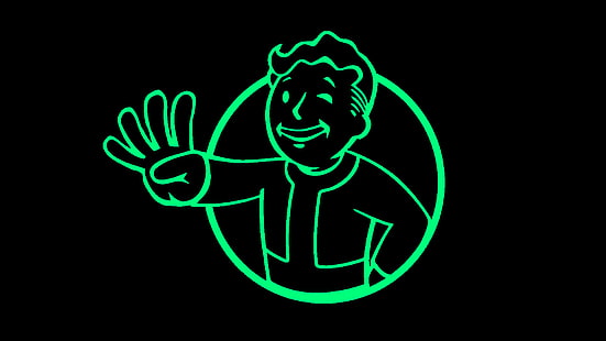 svart bakgrund med grönt skyltar i neonljus, Fallout, Fallout 4, Vault Boy, HD tapet HD wallpaper