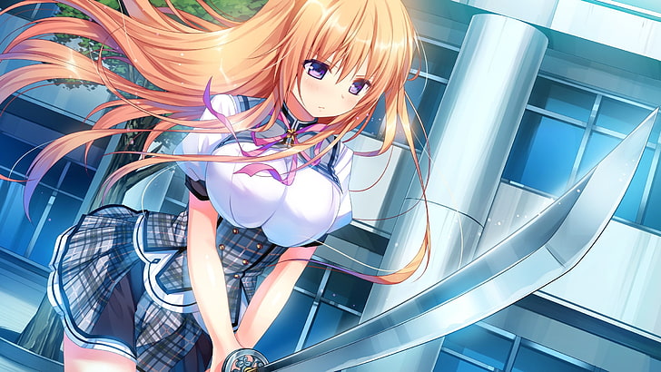 Anime Mädchen, lange Haare, Schwert, Rock, HD-Hintergrundbild