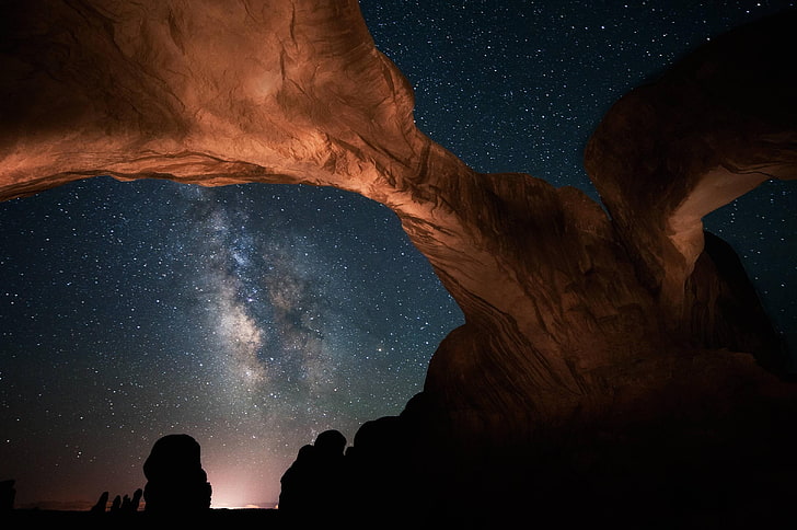 space, nebula, arch, night, Milky Way, rock formation, nature, landscape, silhouette, HD wallpaper