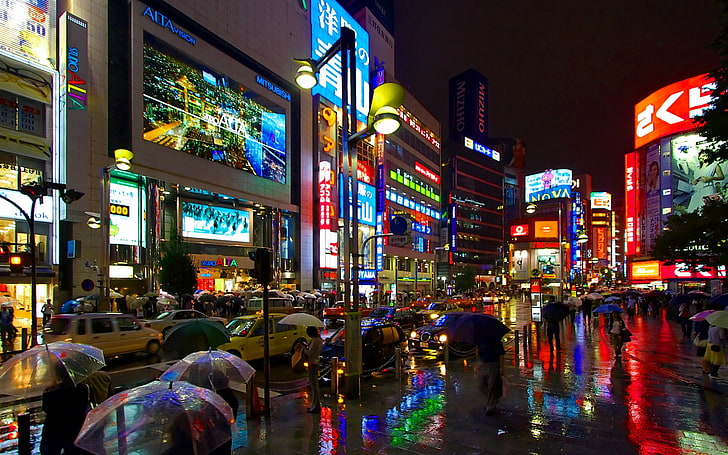 Tokyo pioggia auto di pioggia ombrelli shinjuku pedonale 1920x1200 Art Umbrella HD Arte, notte, Tokyo, Sfondo HD