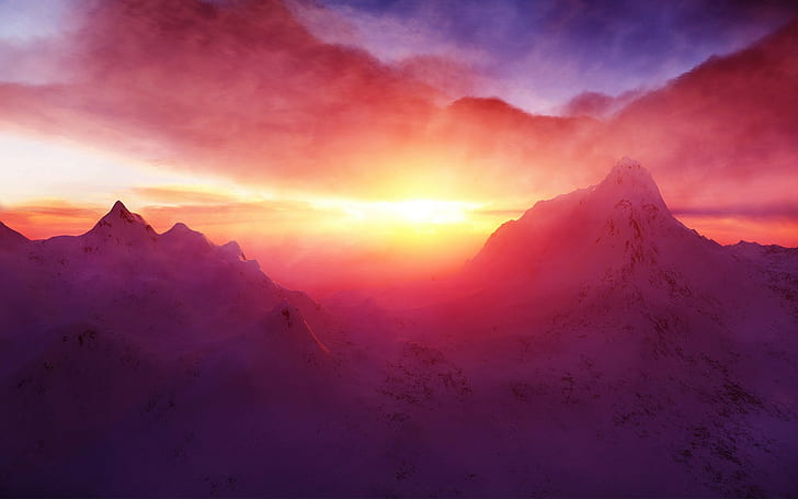 غروب الشمس والجبال والقمة الثلجية والثلج وضوء الشمس والسماء والغيوم والطبيعة، خلفية HD