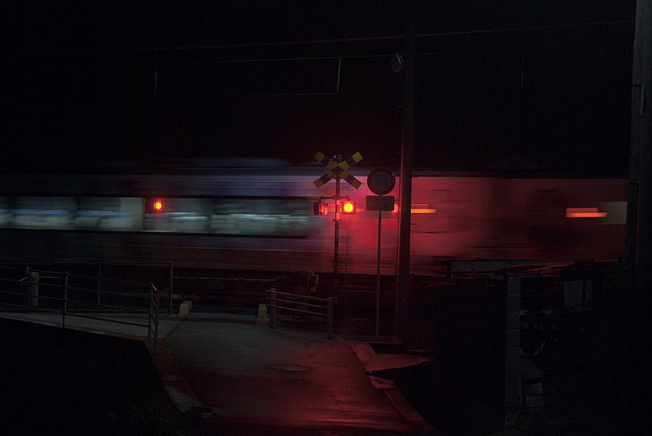 tren, cruce ferroviario, vehículo, noche, Fondo de pantalla HD